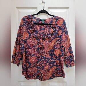 Lauren Ralph Lauren Paisley Print Ruffle Neck Women's Top Size Large